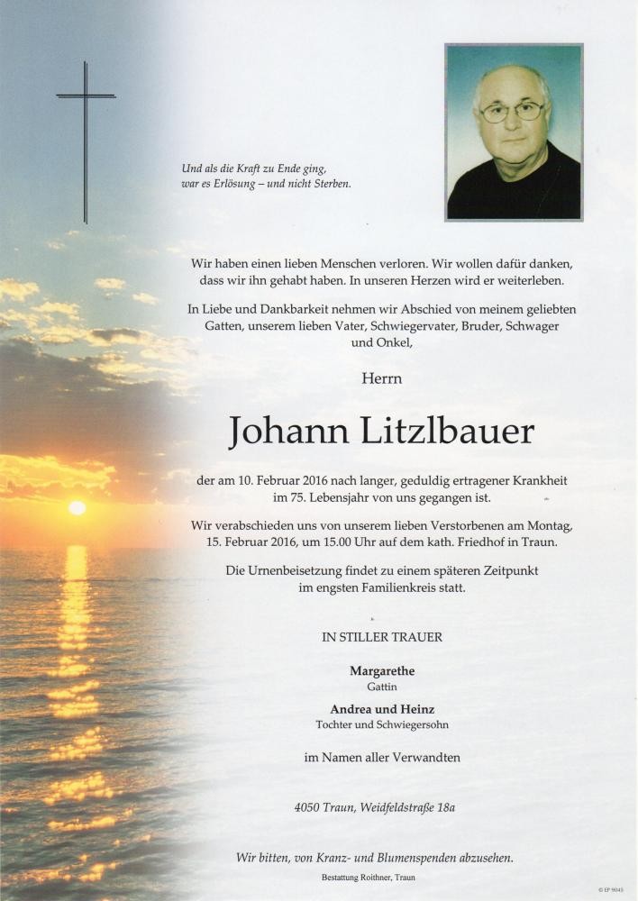 Traueranzeige von Johann Litzlbauer
