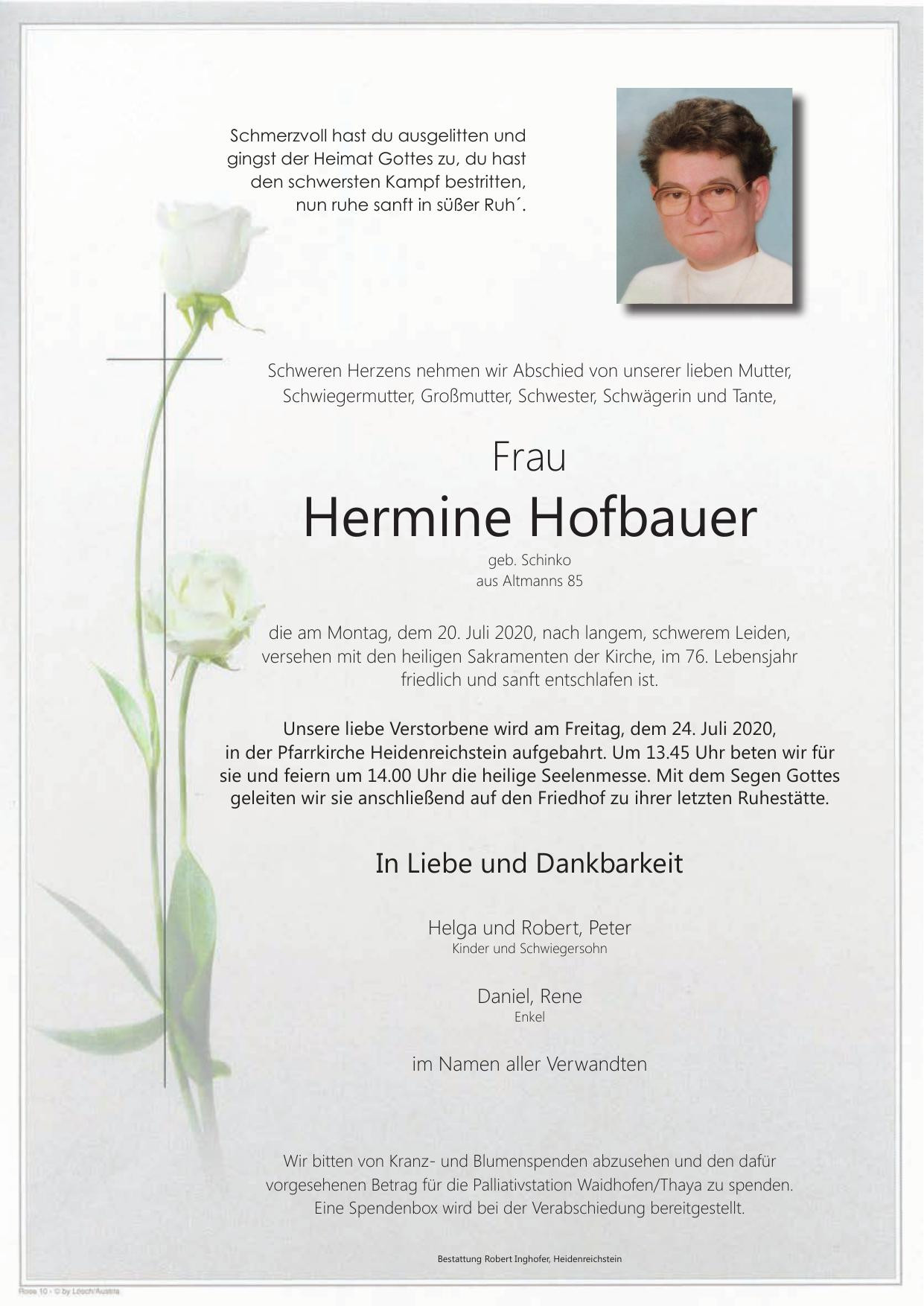 Traueranzeige von Hermine Hofbauer