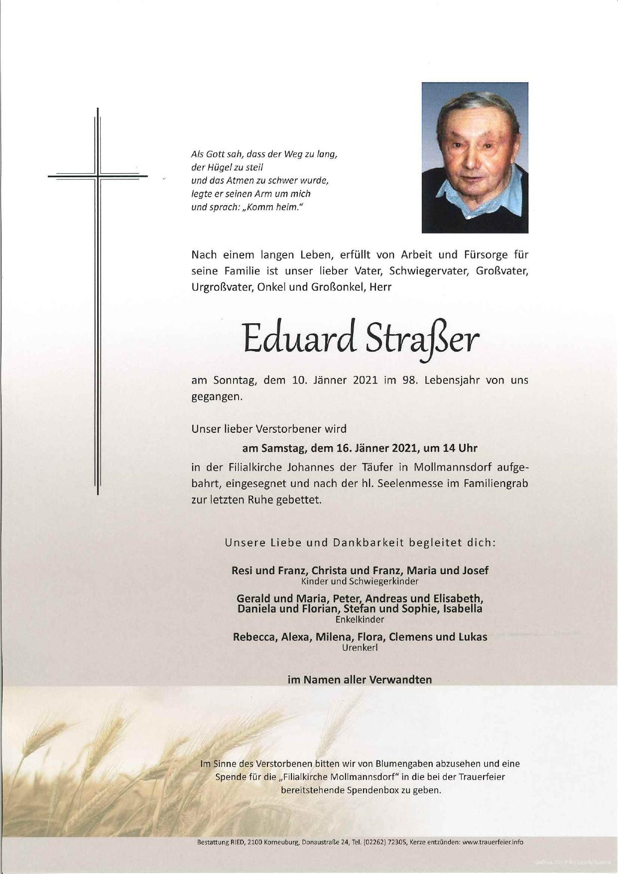 Traueranzeige von Eduard Straßer