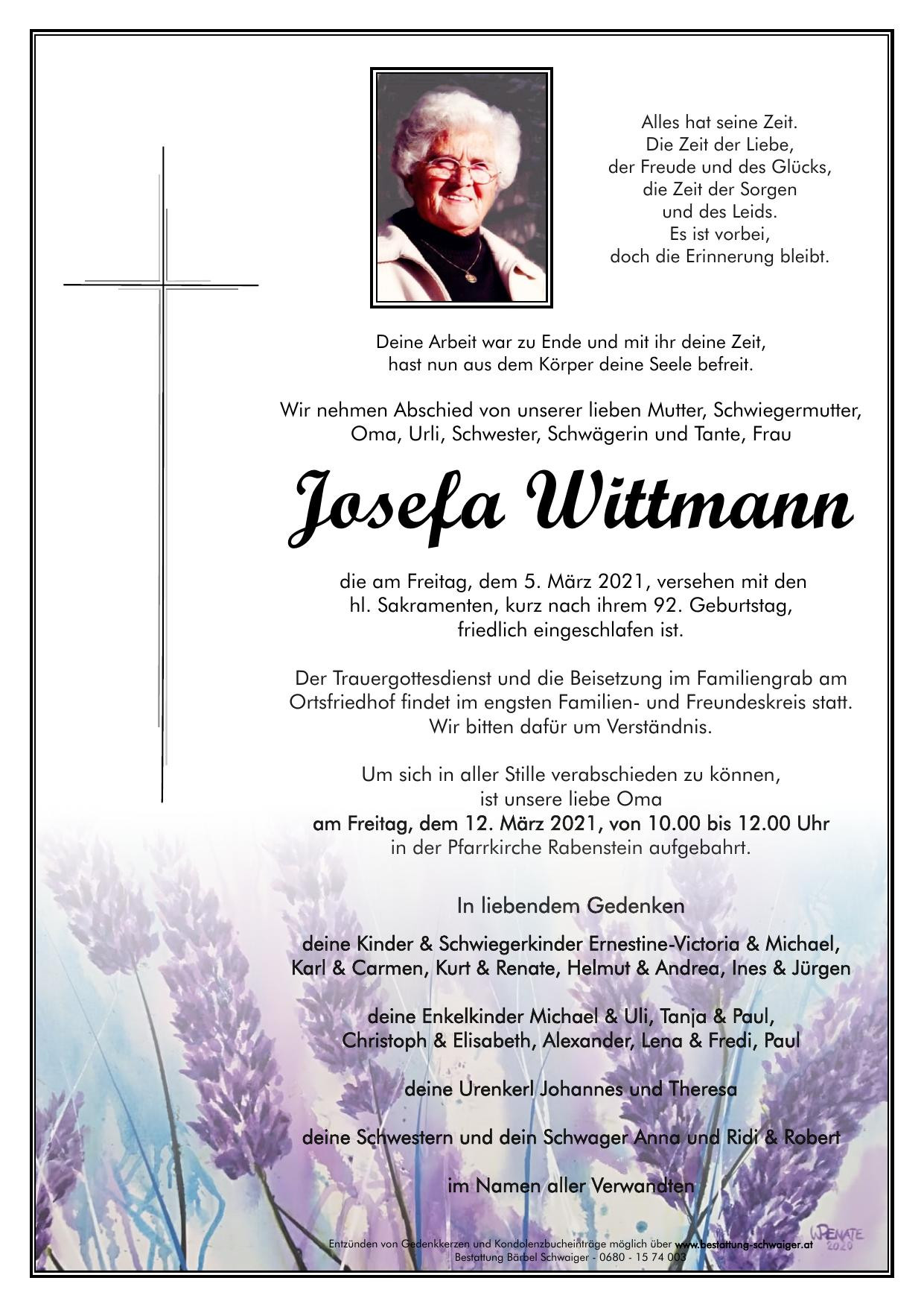 Traueranzeige von Josefa Wittmann