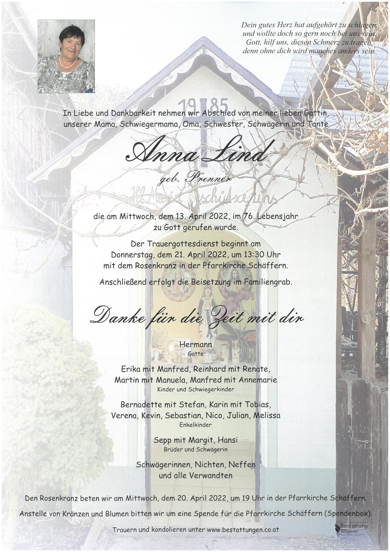 Traueranzeige von Anna Lind
