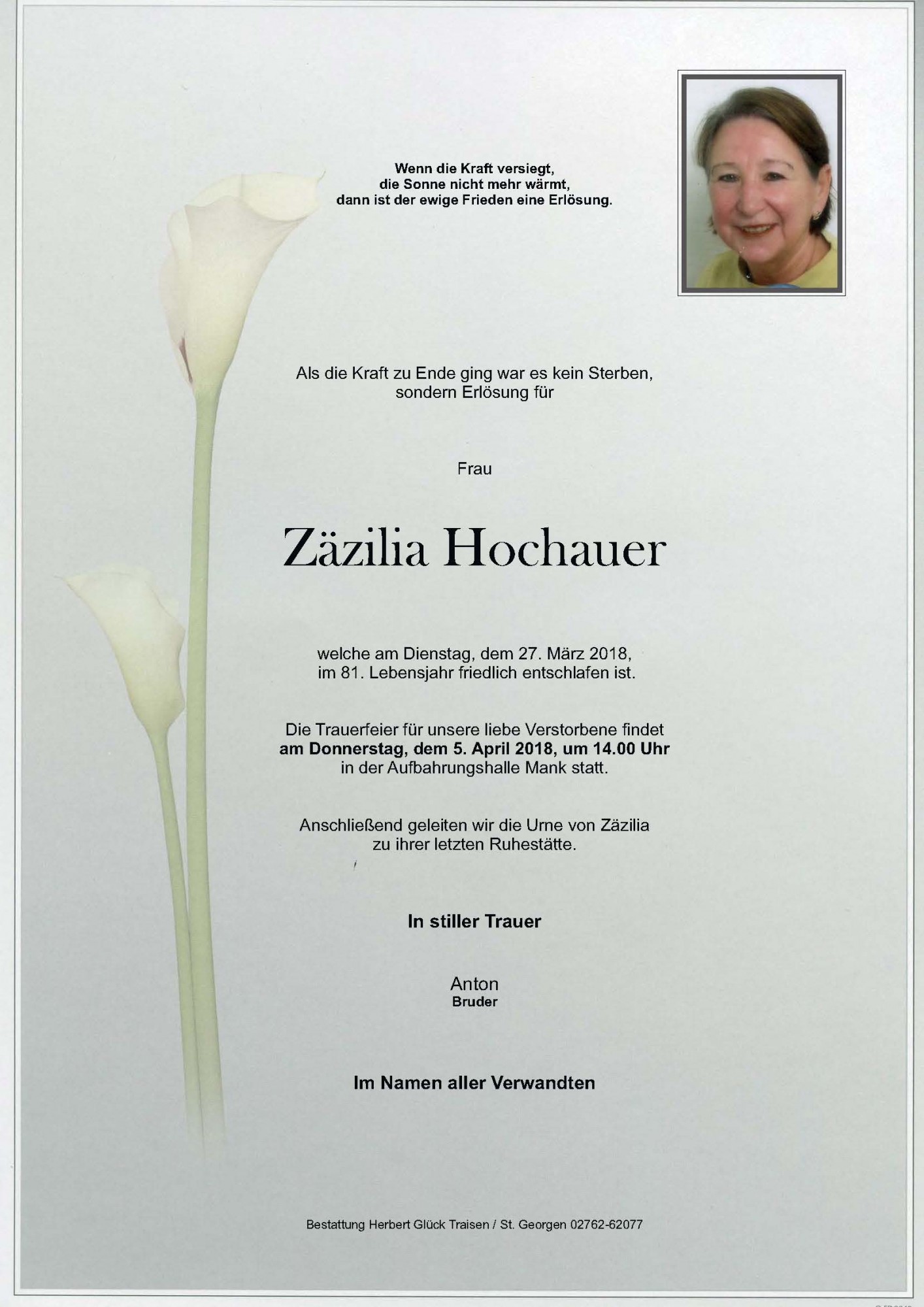 Traueranzeige von Zäzilia Hochauer