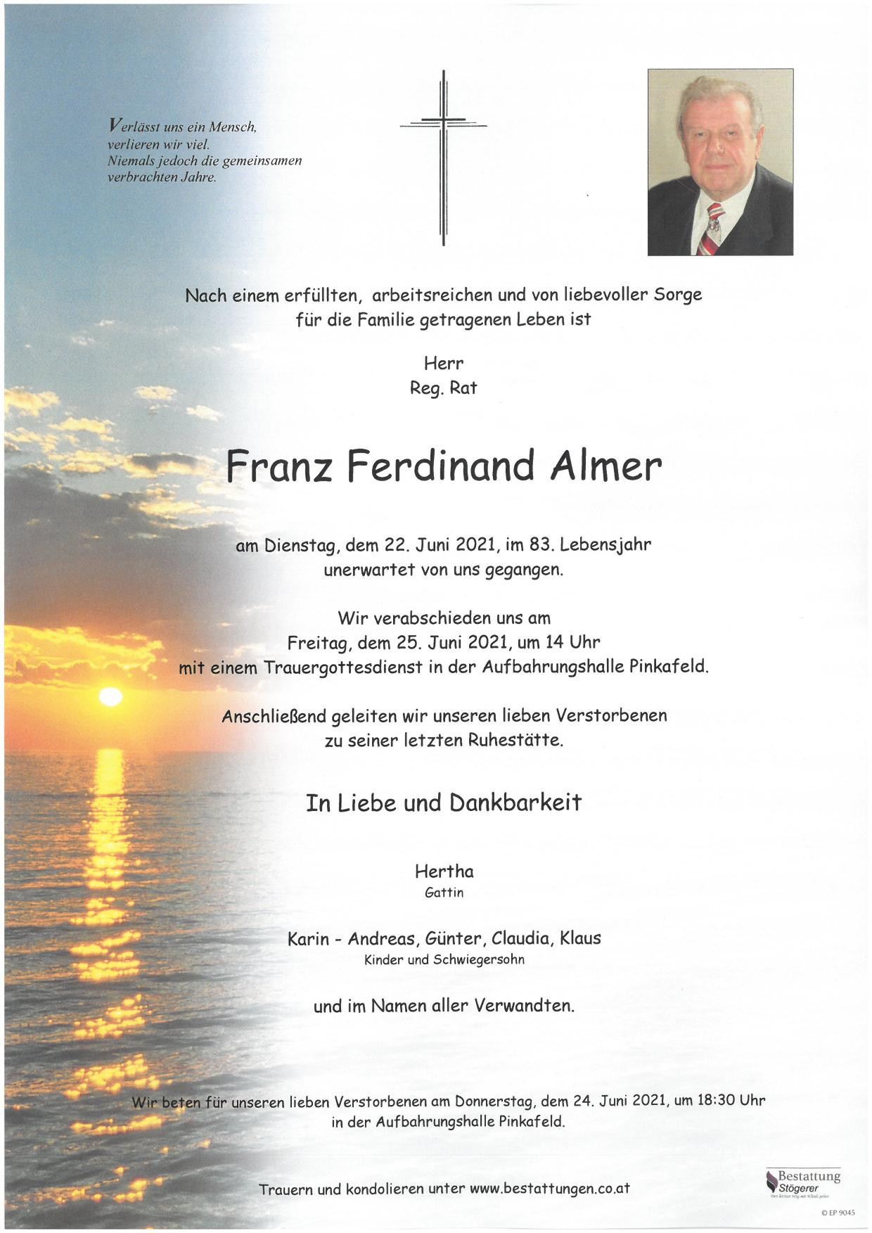 Traueranzeige von Reg. Rat Franz Ferdinand Almer