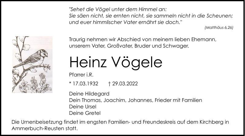 Traueranzeige von Heinz Vögele