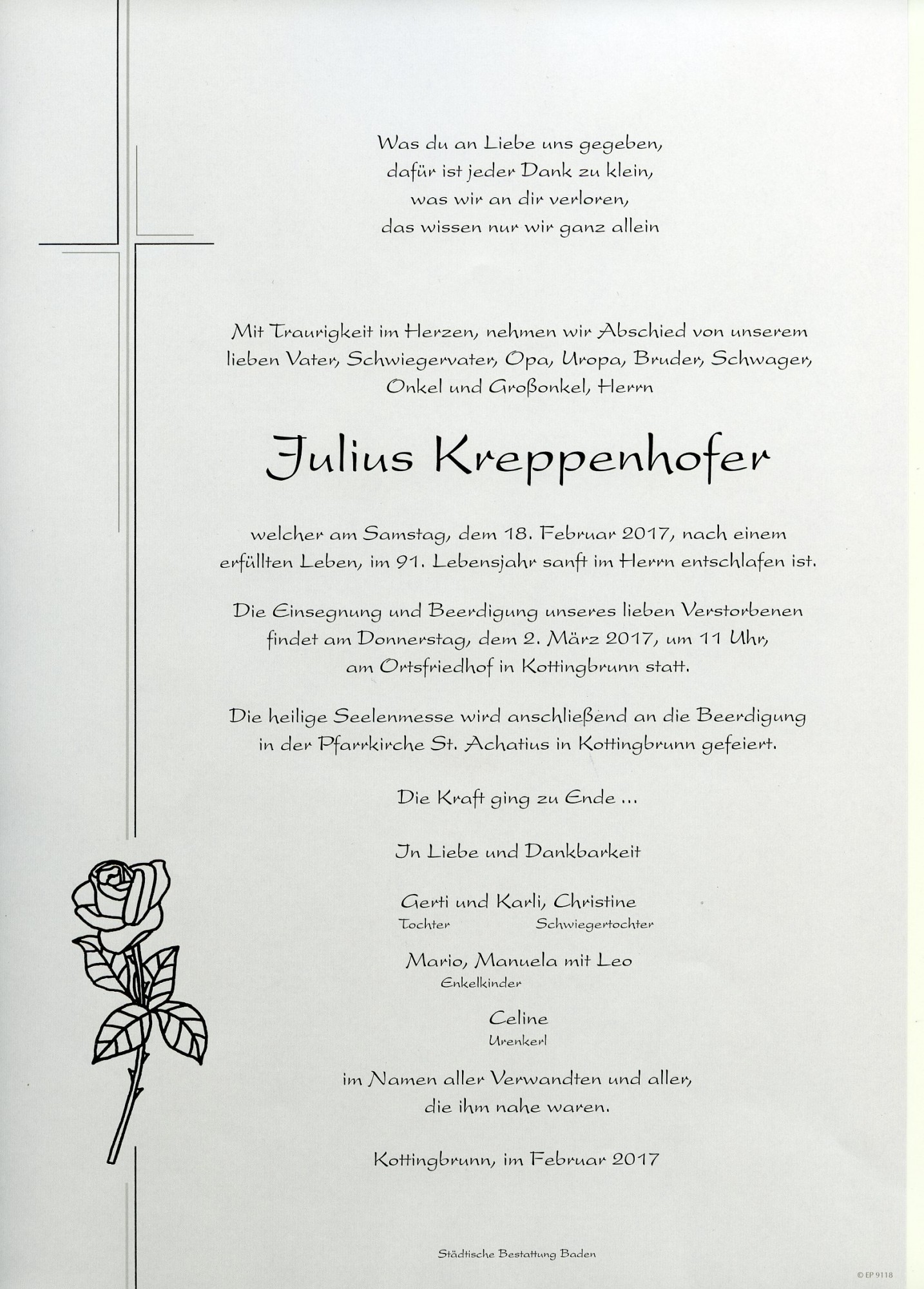 Traueranzeige von Julius Kreppenhofer