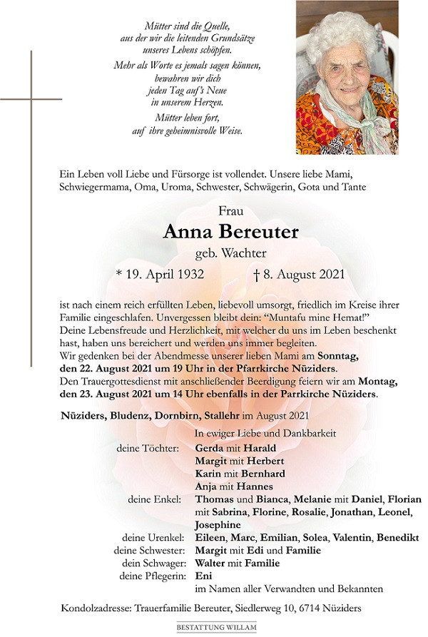 Traueranzeige von Anna Bereuter
