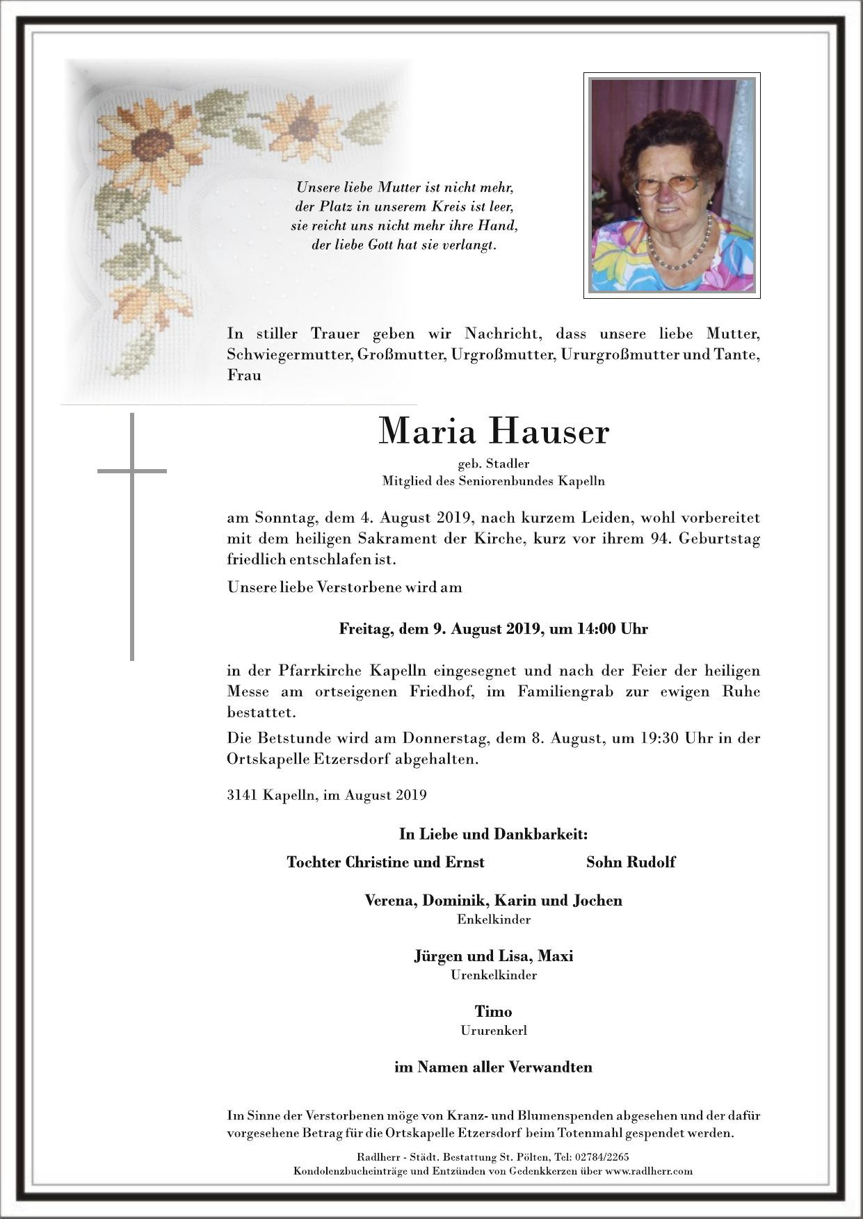 Traueranzeige von Maria Hauser