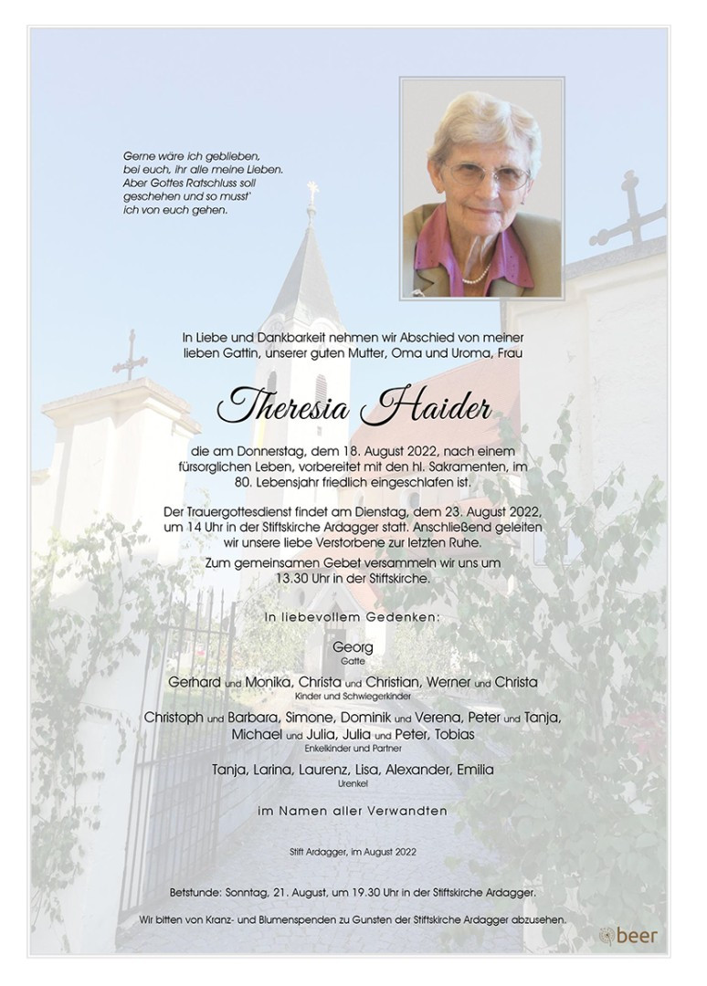 Traueranzeige von Theresia Haider
