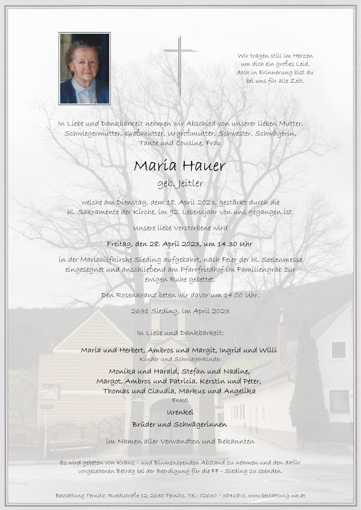 Traueranzeige von Maria Hauer