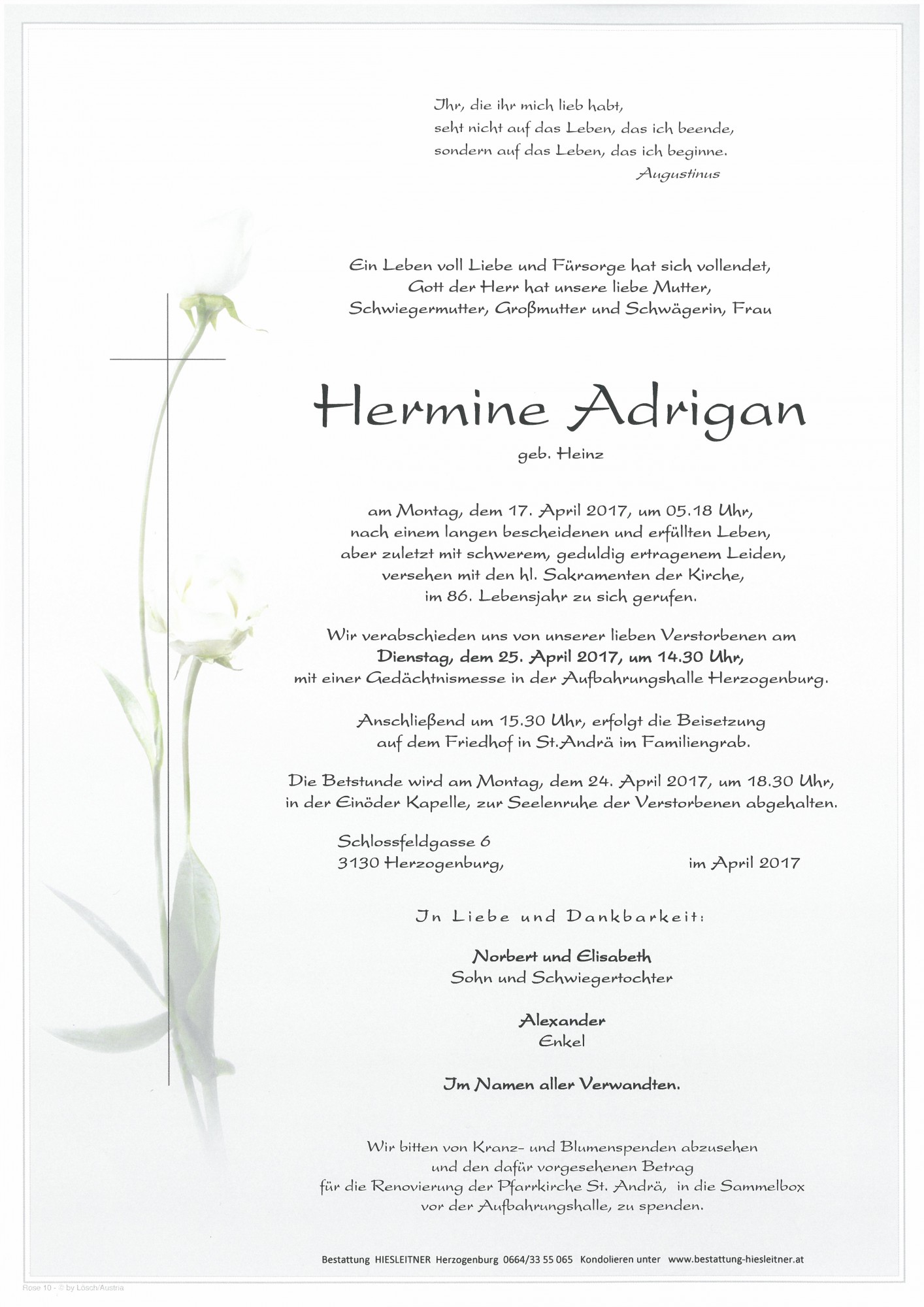 Traueranzeige von Hermine Adrigan