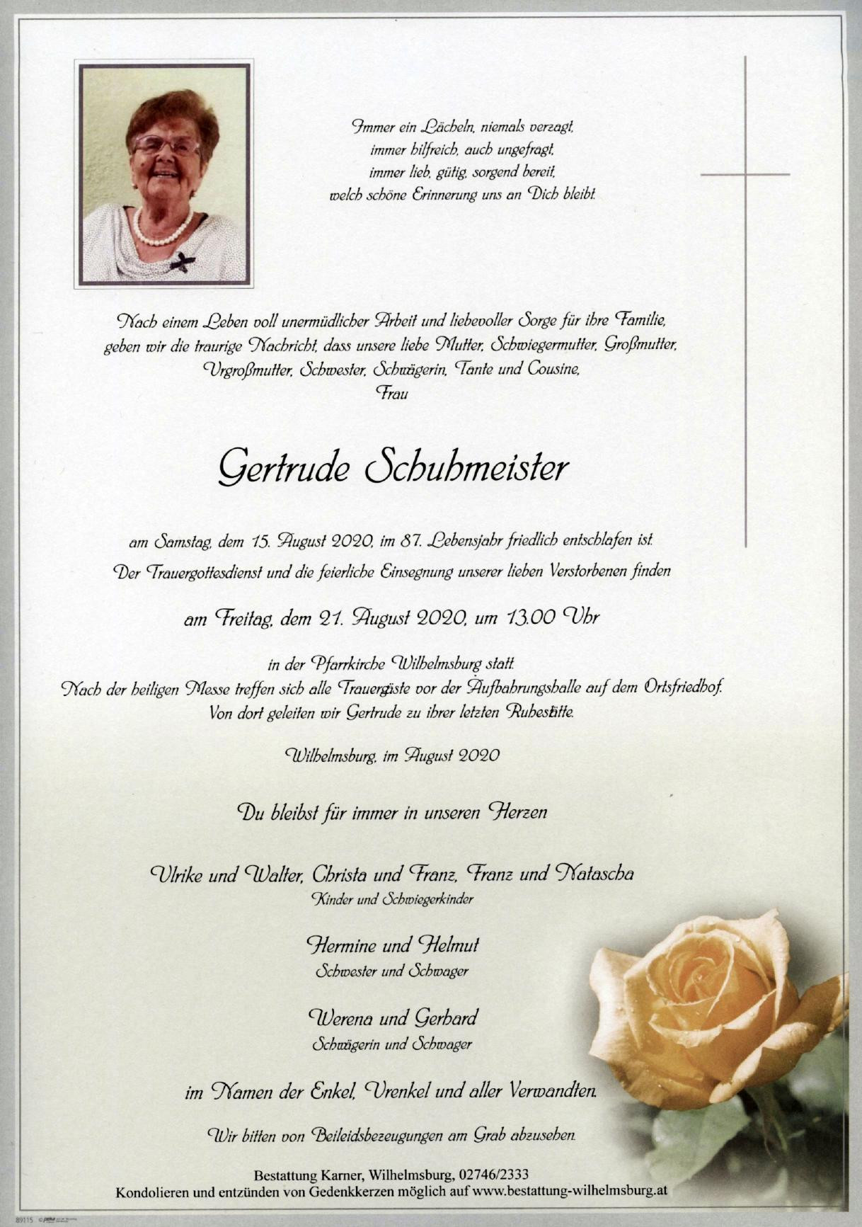 Traueranzeige von Gertrude Schuhmeister