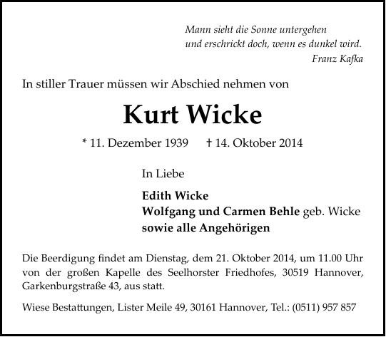Traueranzeige von Kurt Wicke