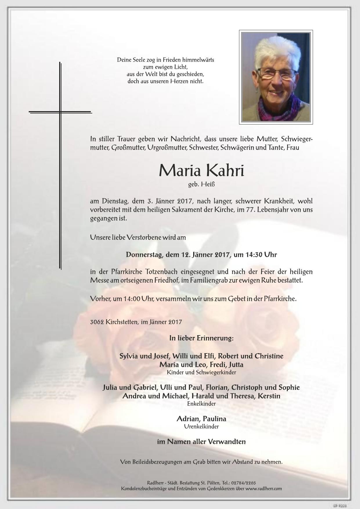 Traueranzeige von Maria Kahri