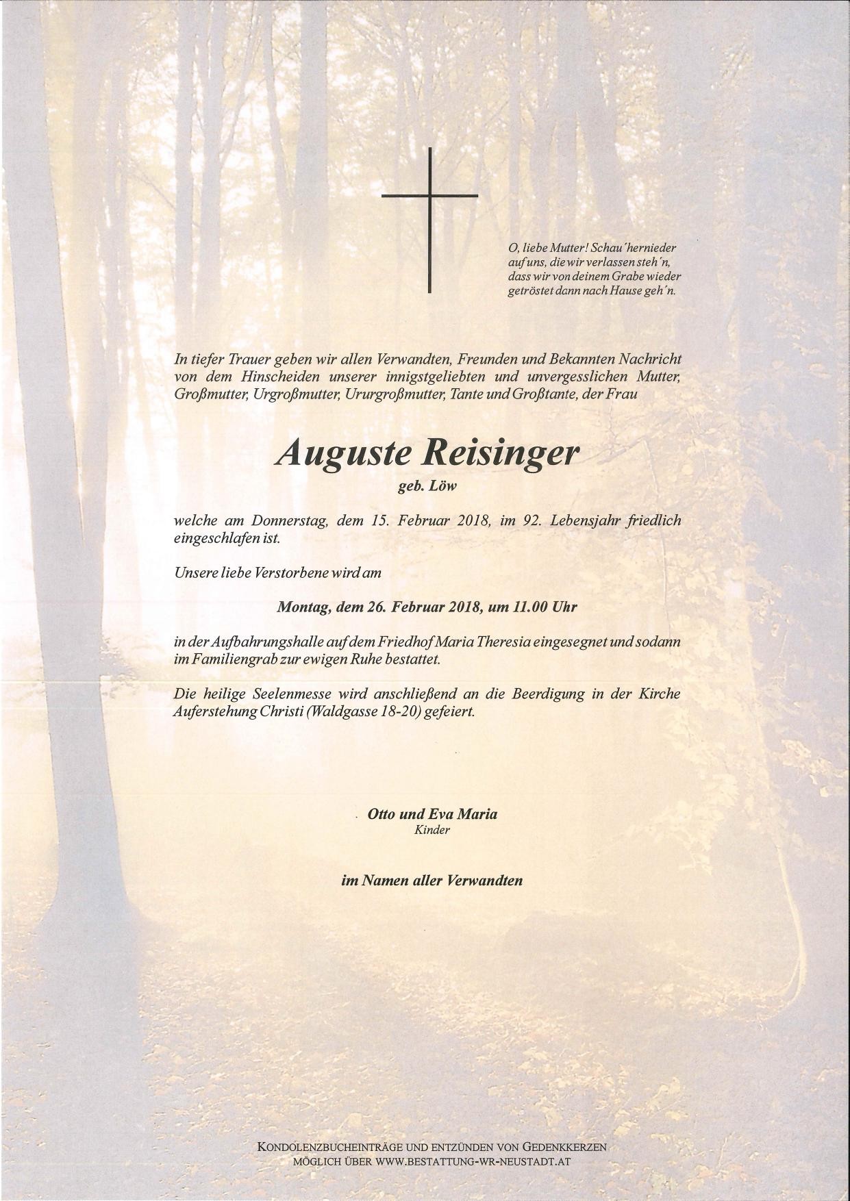Traueranzeige von Auguste Reisinger
