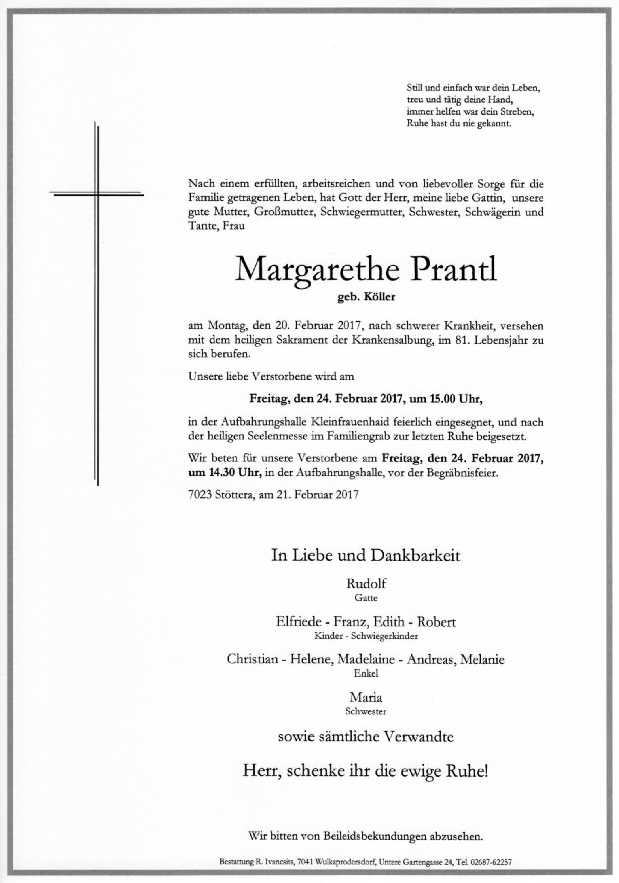 Traueranzeige von Margarethe Prantl
