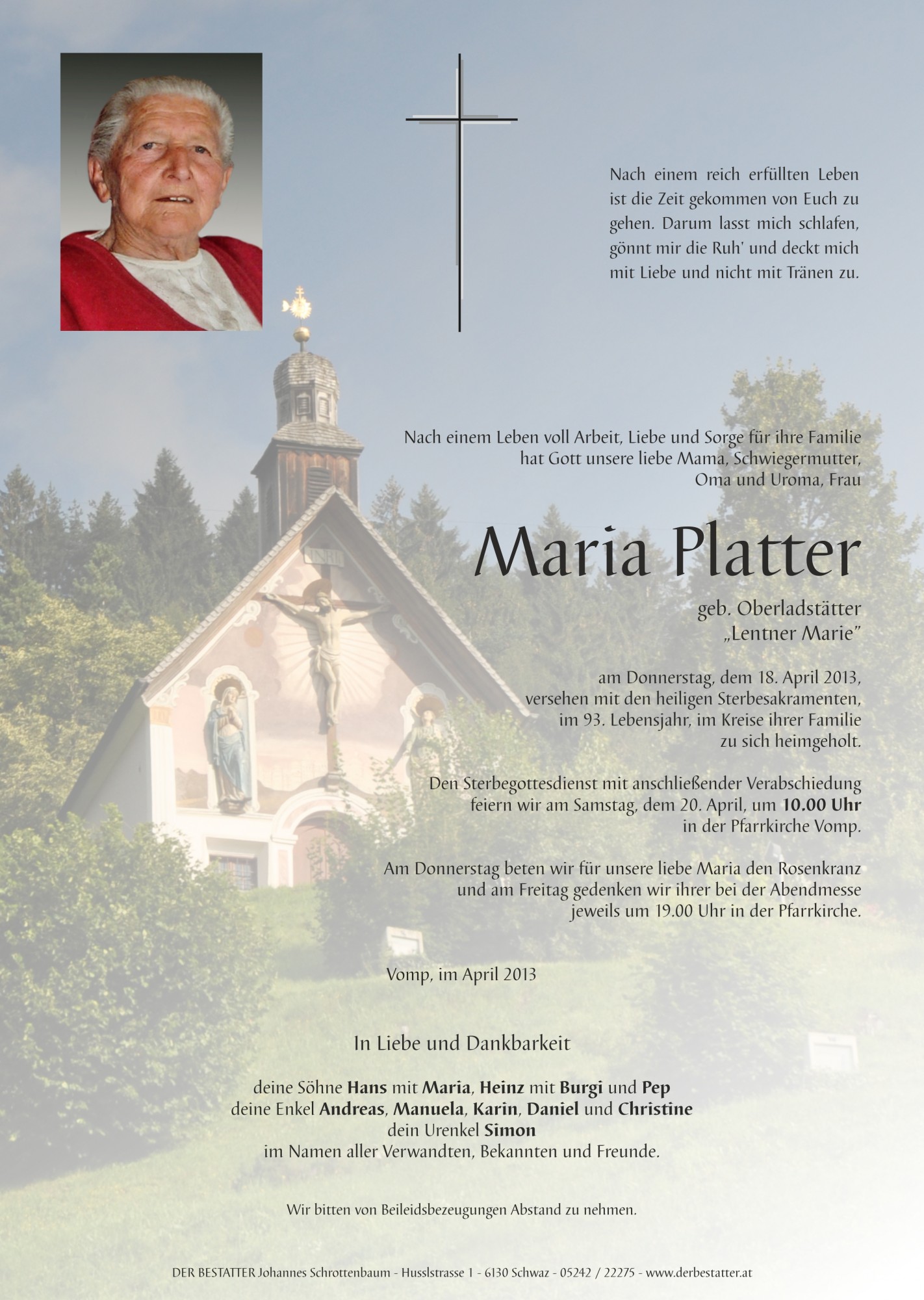 Traueranzeige von Maria Platter
