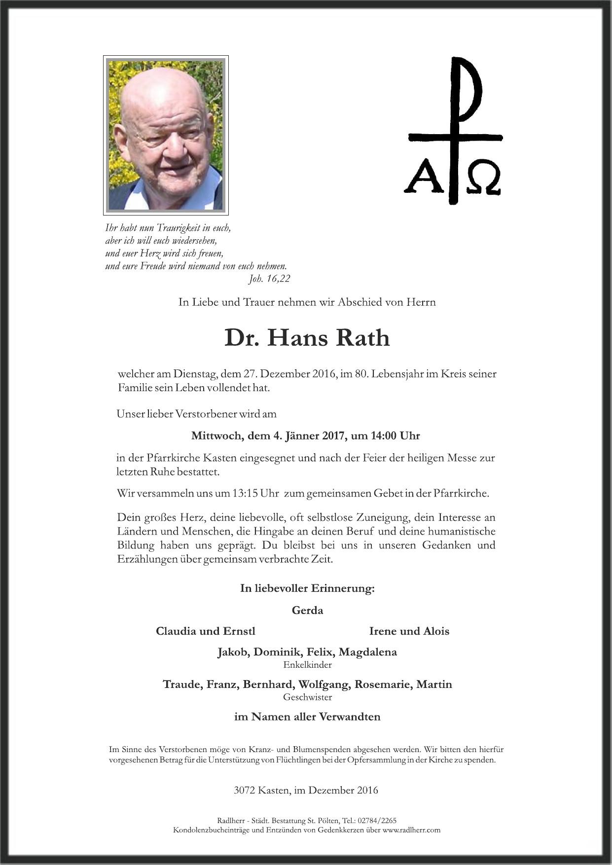 Traueranzeige von Dr. Hans Rath
