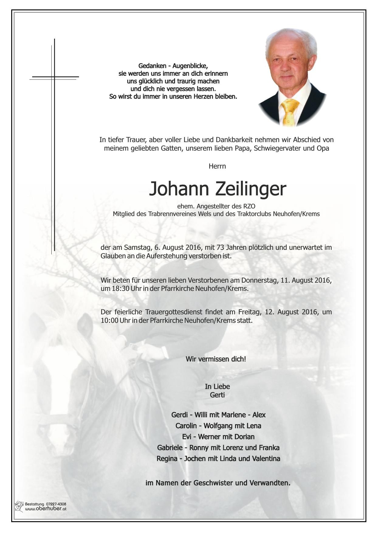 Traueranzeige von Johann Zeilinger