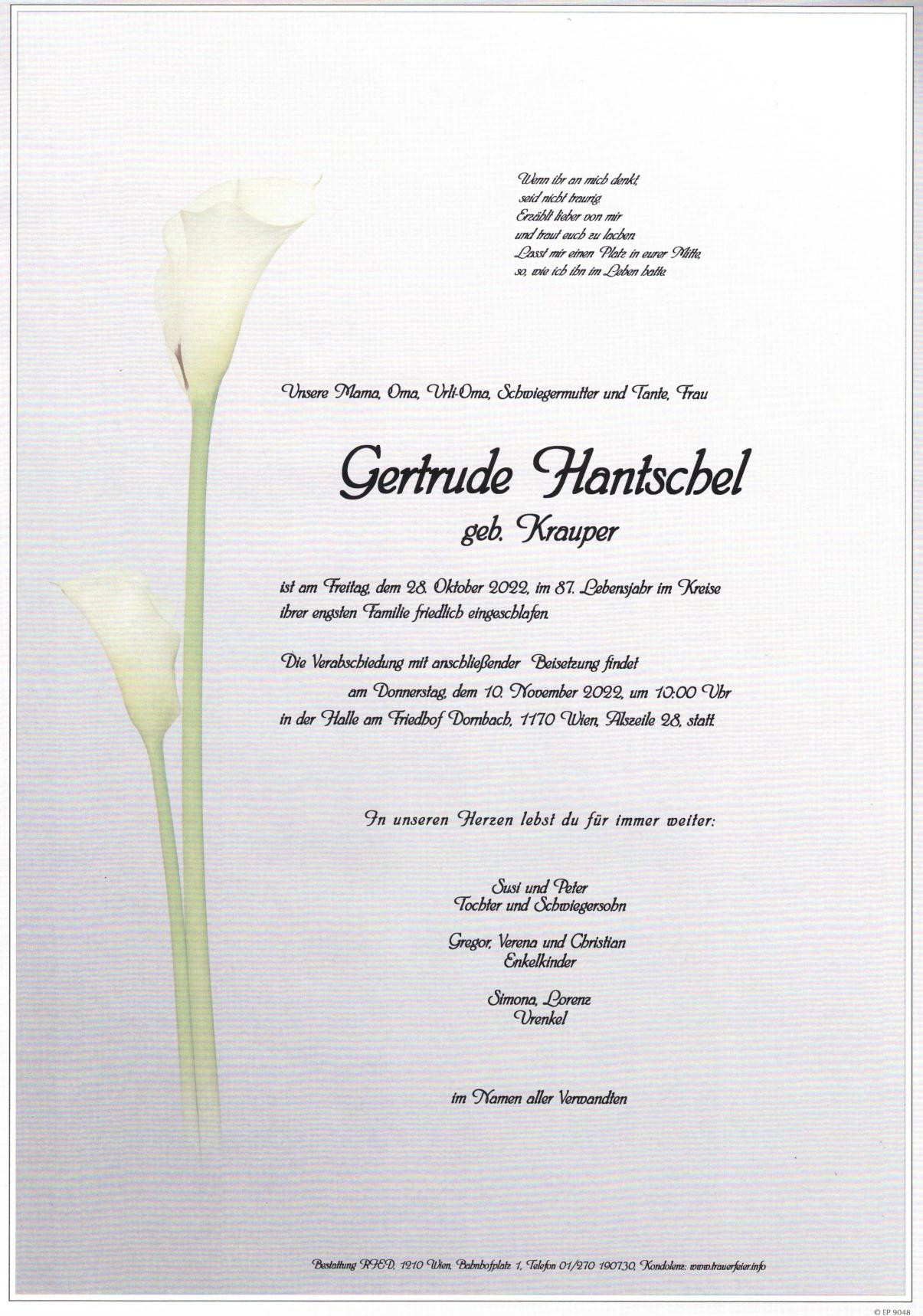 Traueranzeige von Gertrude Hantschel