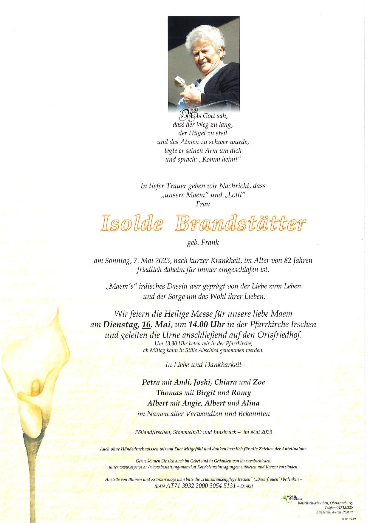 Traueranzeige von Isolde Brandstätter