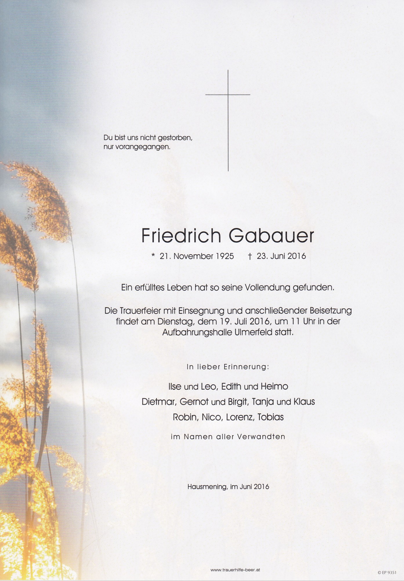 Traueranzeige von Friedrich Gabauer