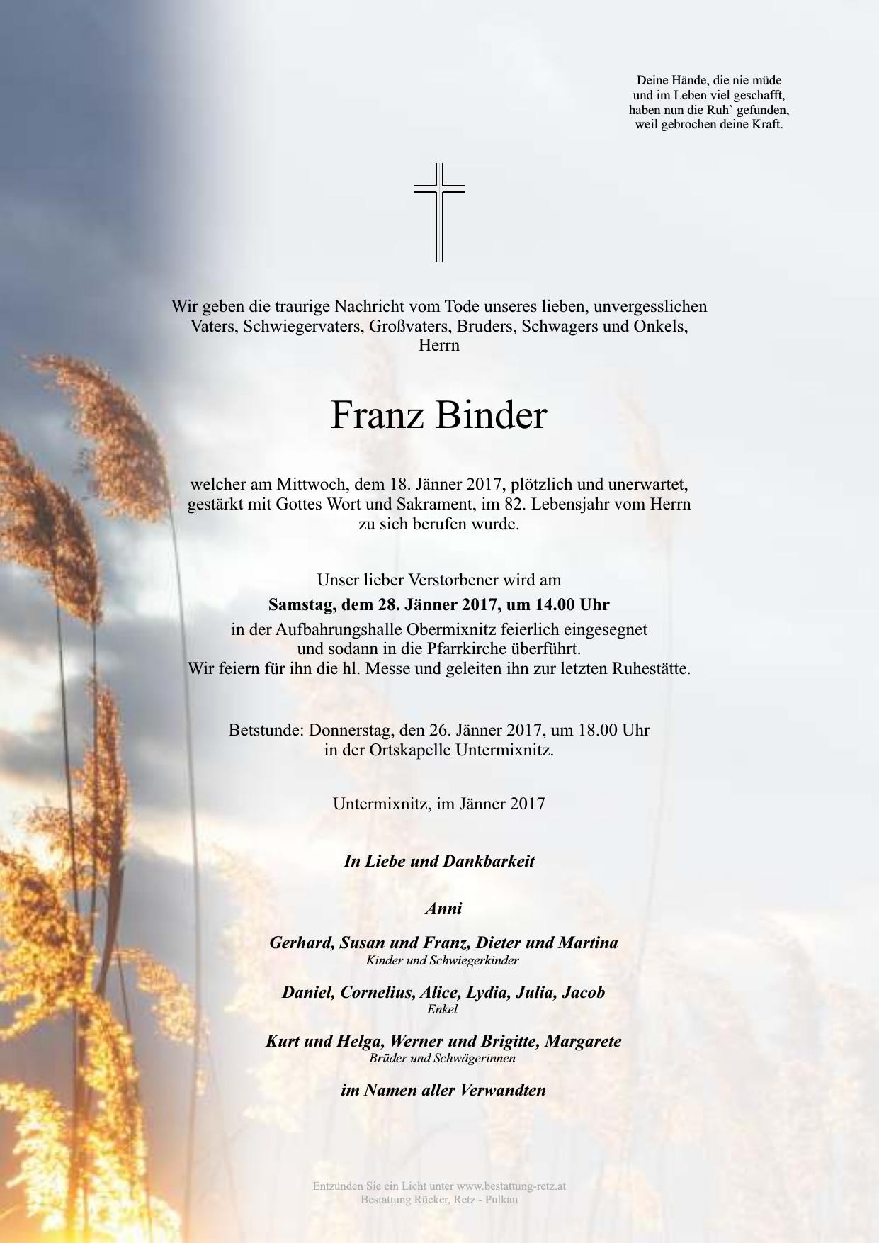 Traueranzeige von Franz Binder