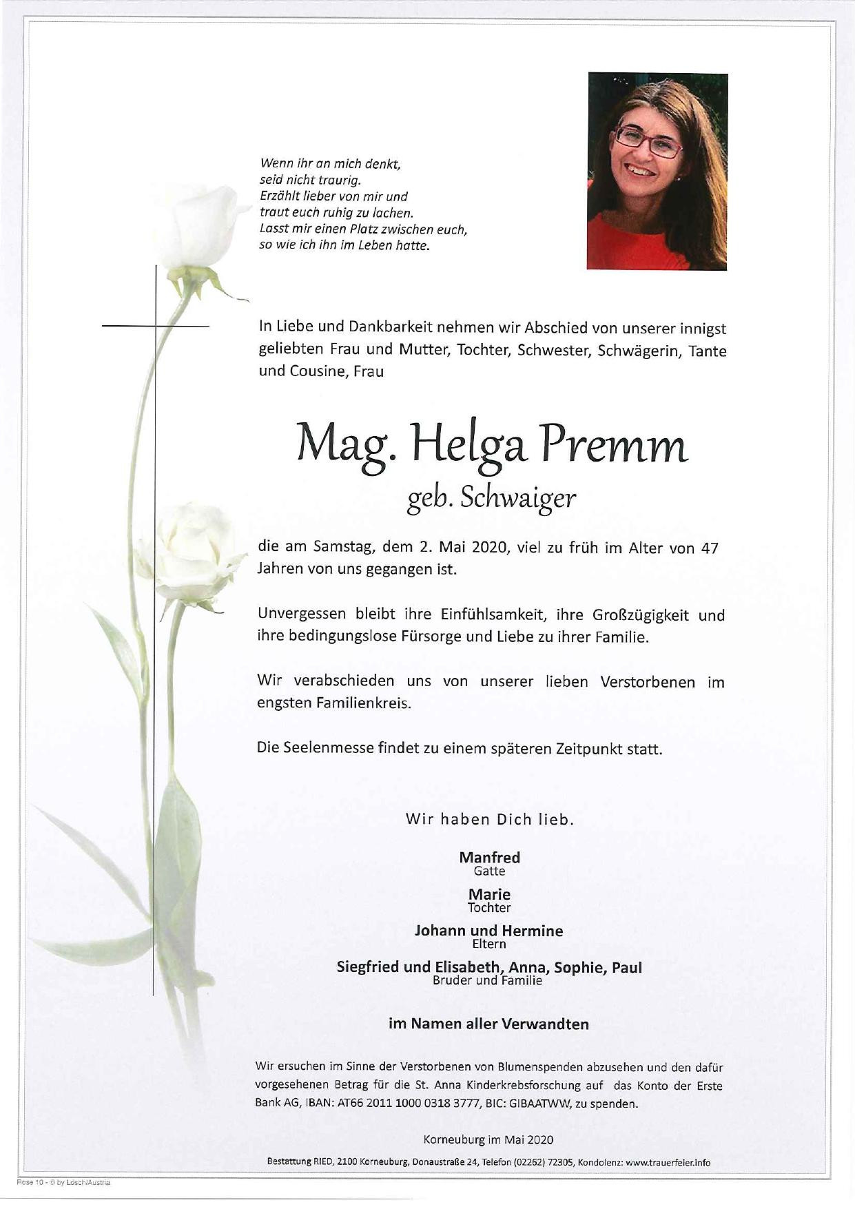 Traueranzeige von Mag. Helga Premm