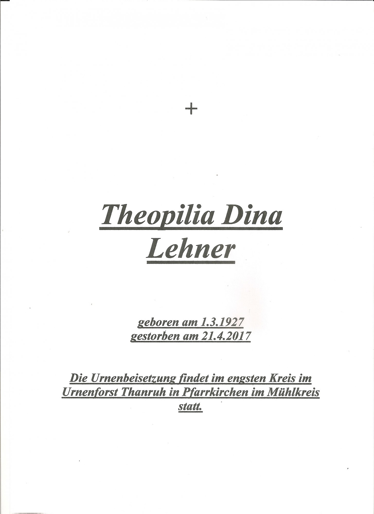 Traueranzeige von Theophilia Dina Lehner