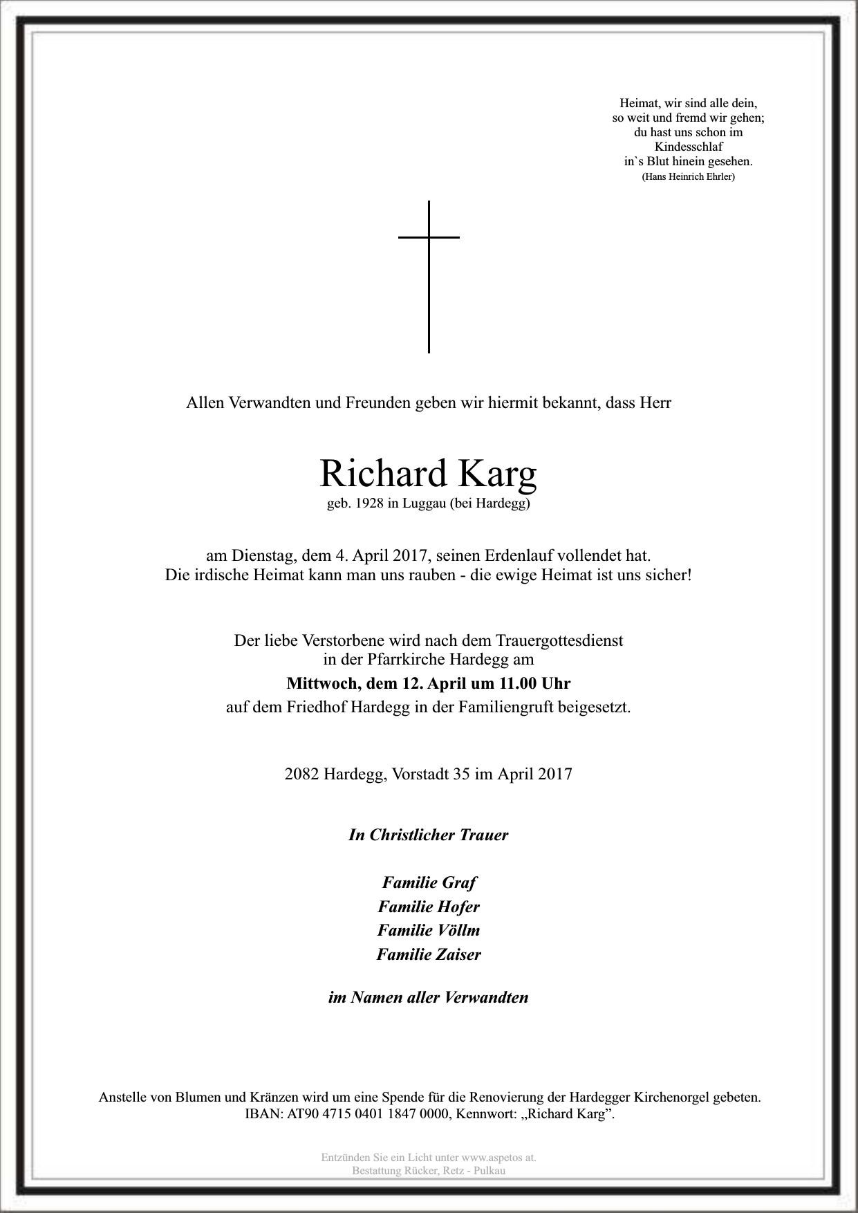 Traueranzeige von Richard Karg