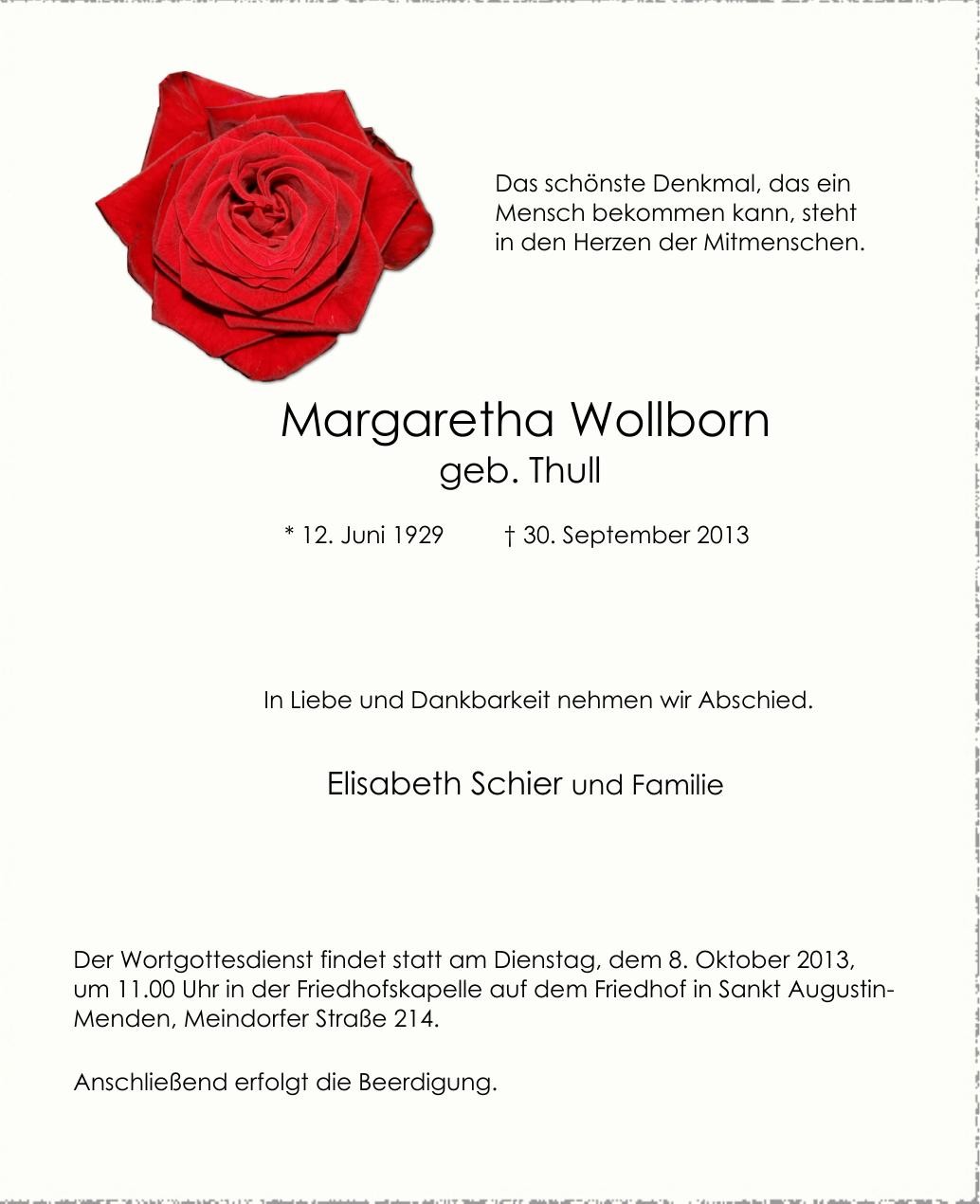 Traueranzeige von Margaretha Wollborn