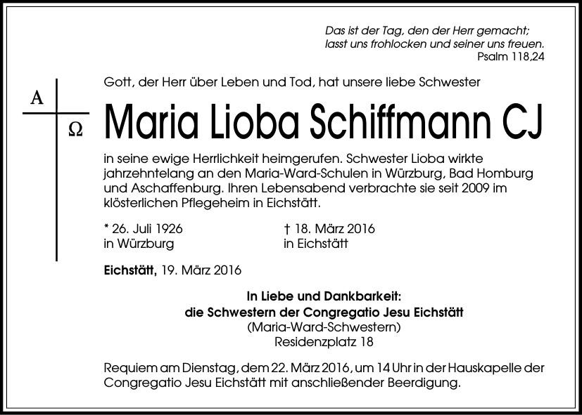 Traueranzeige von Maria Lioba Schiffmann