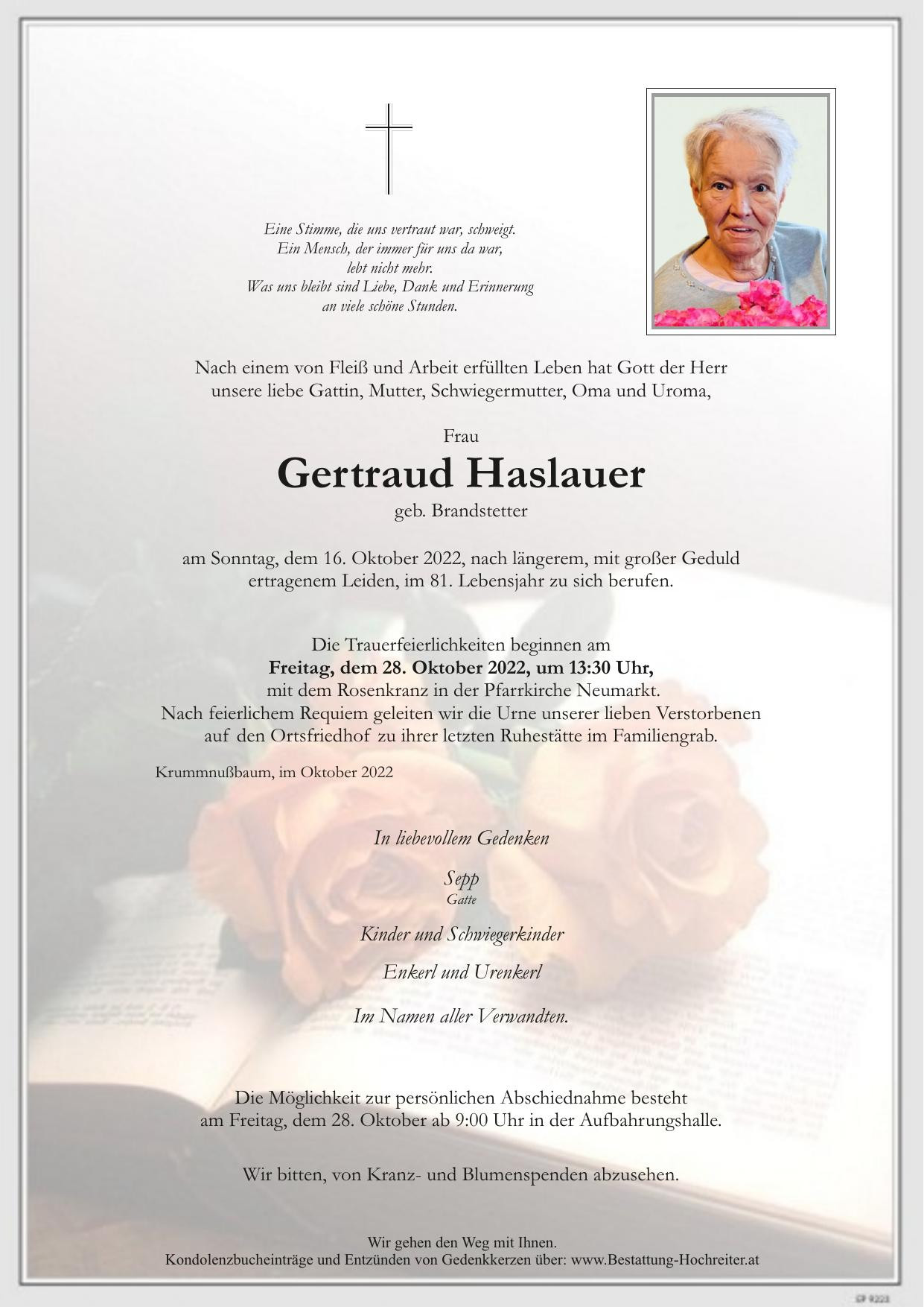 Traueranzeige von Gertraud Haslauer