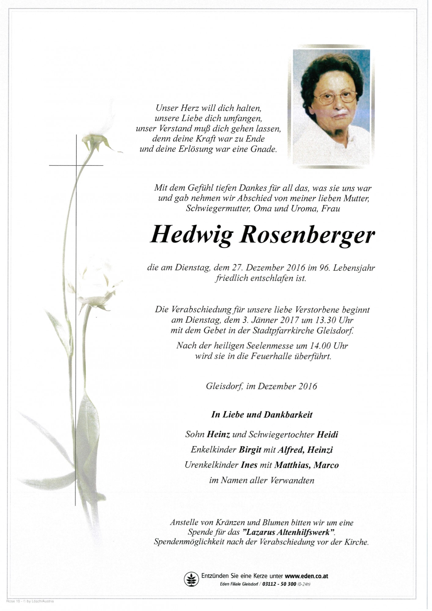 Traueranzeige von Hedwig Rosenberger