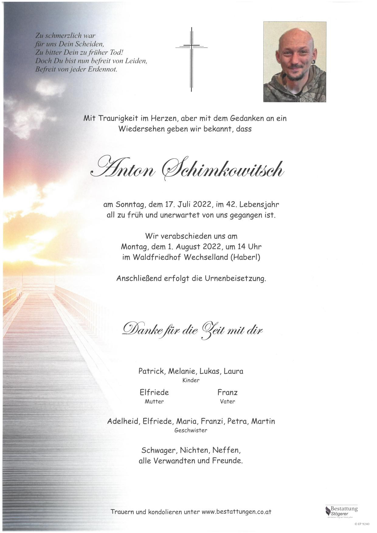 Traueranzeige von Anton Schimkowitsch
