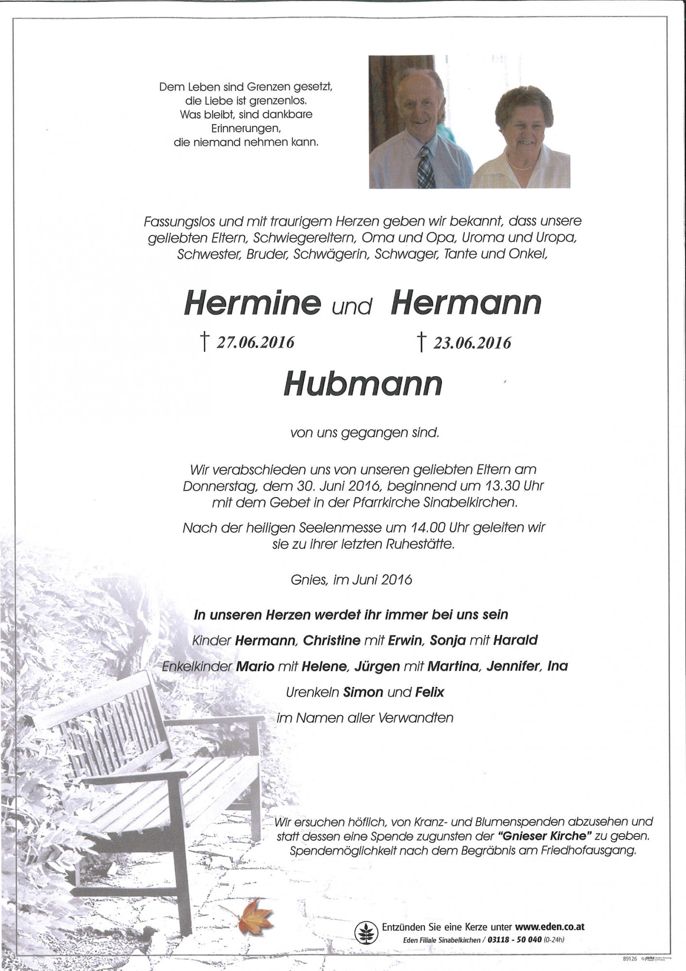 Traueranzeige von Hermine u. Hermann Hubmann