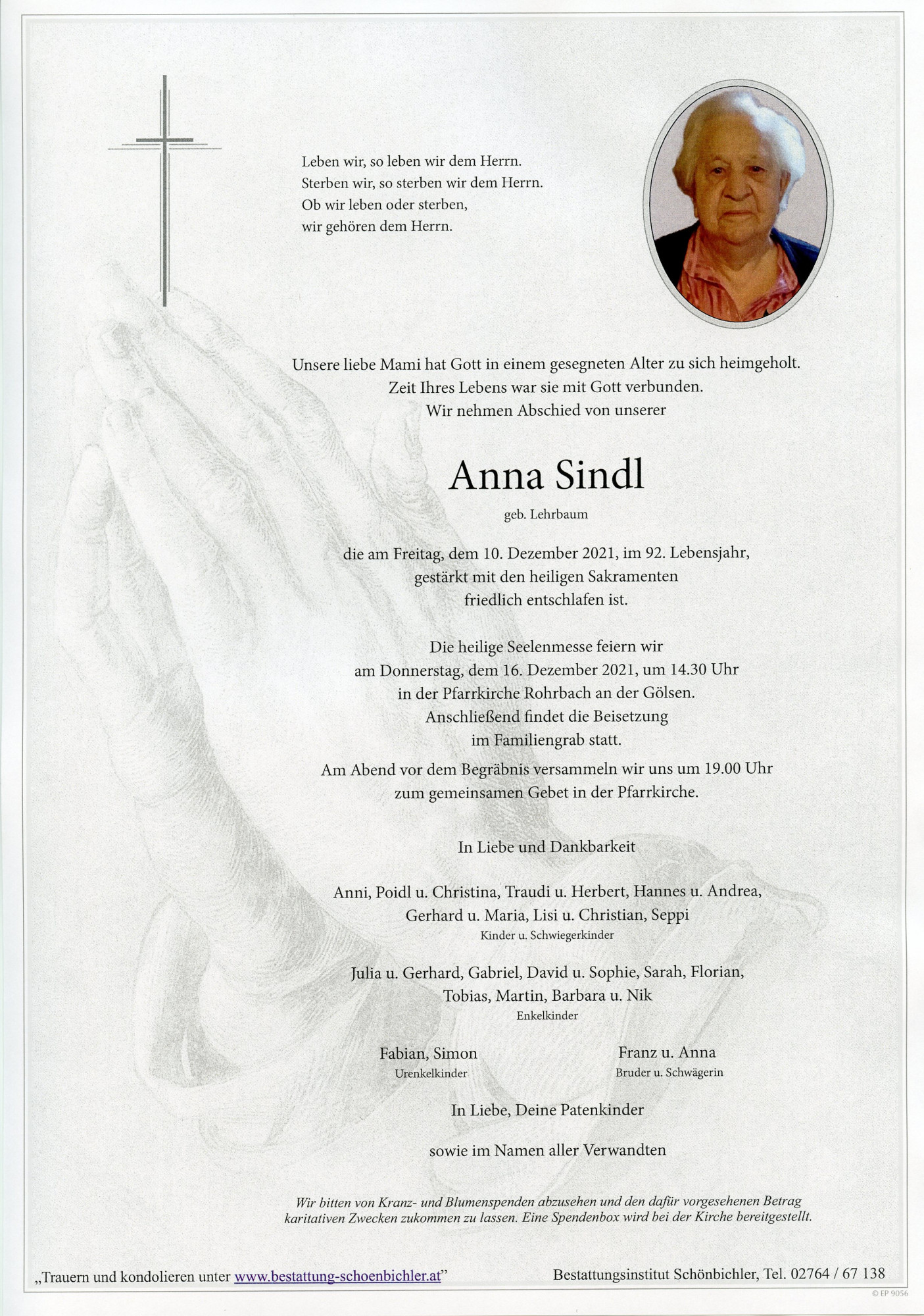 Traueranzeige von Anna Sindl