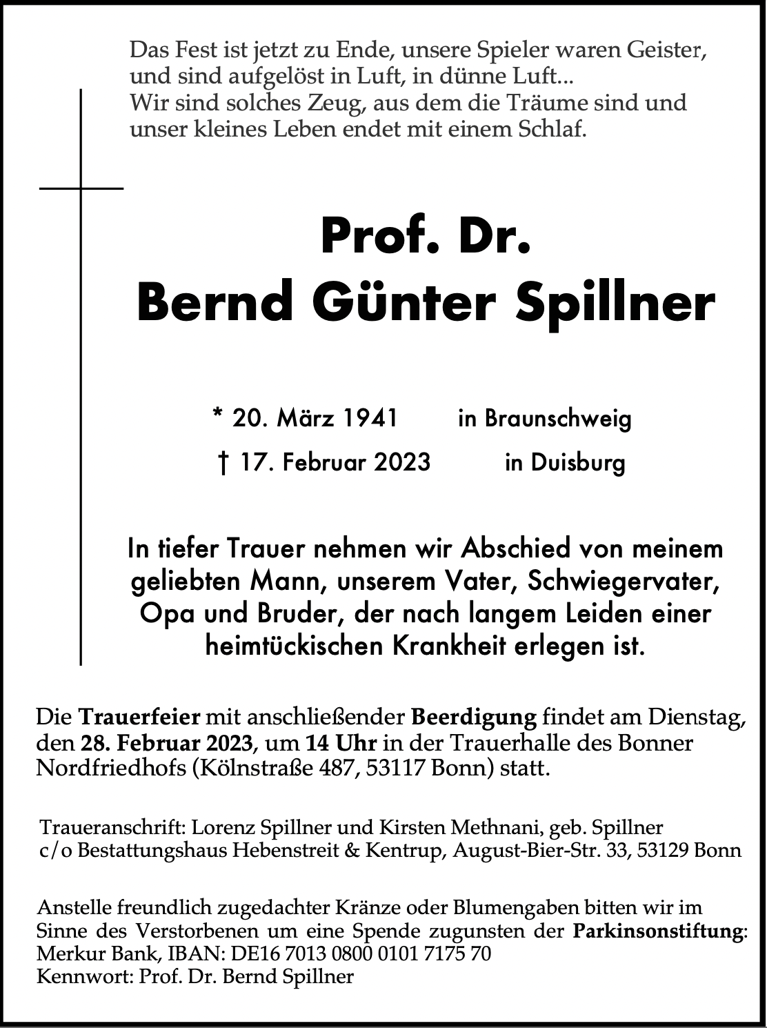Traueranzeige von Prof. Dr. Bernd Günter Spillner