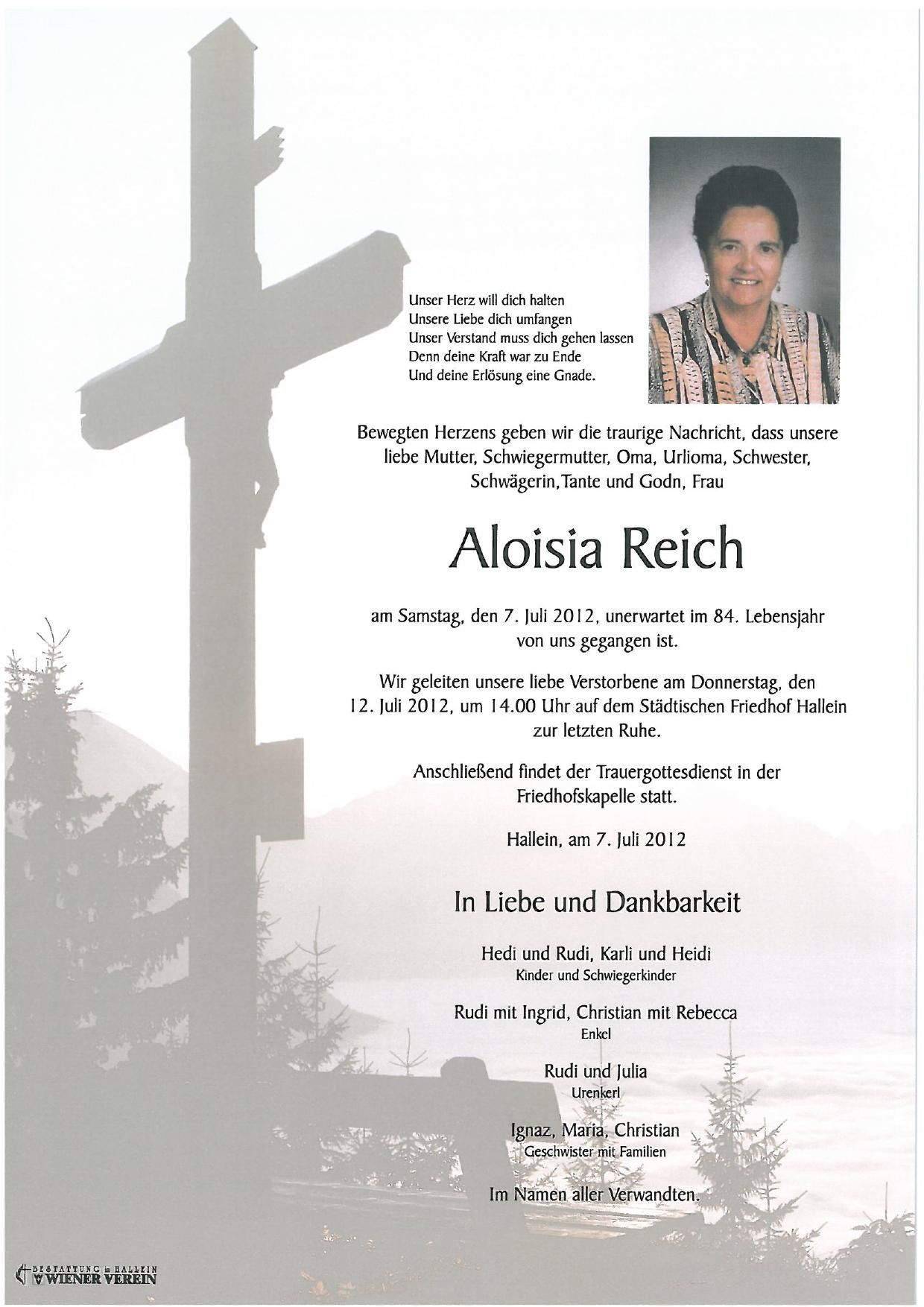 Traueranzeige von Aloisia Reich