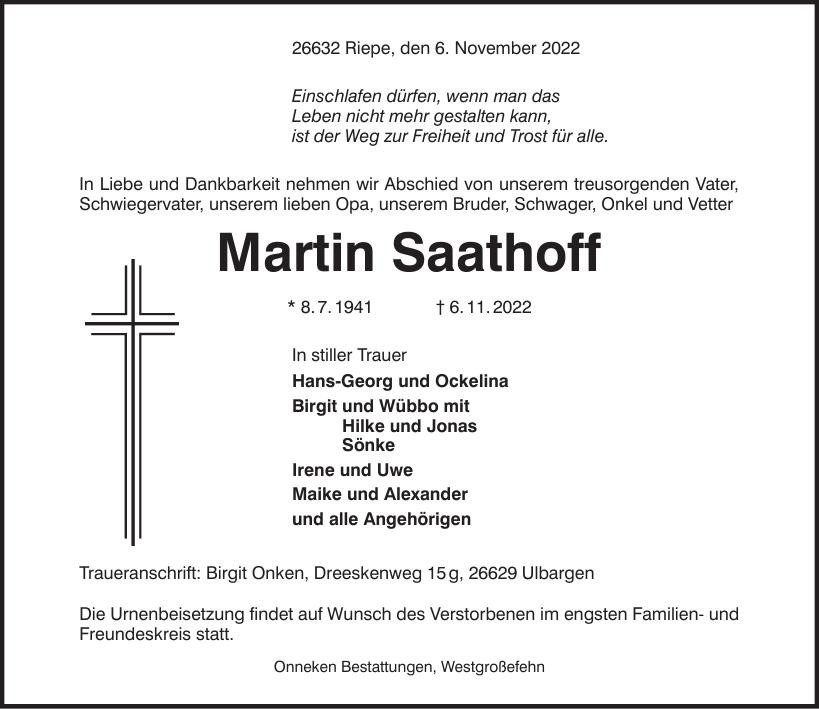 Traueranzeige von Martin Saathoff