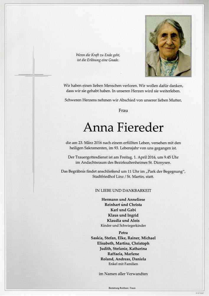 Traueranzeige von Anna Fiereder