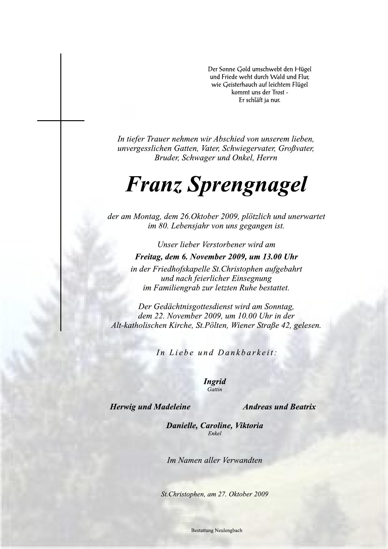 Traueranzeige von Franz Sprengnagel