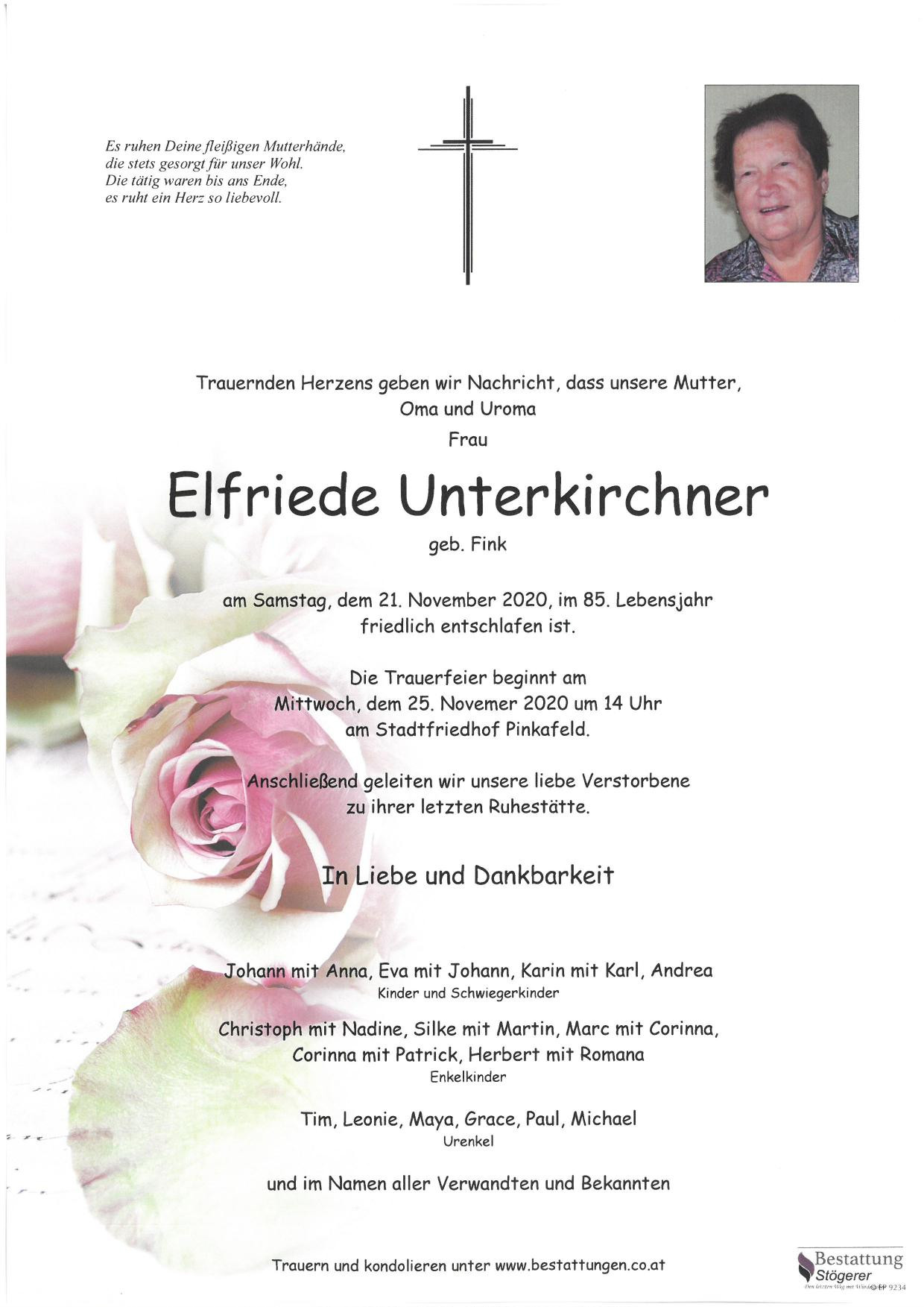 Traueranzeige von Elfriede Unterkirchner