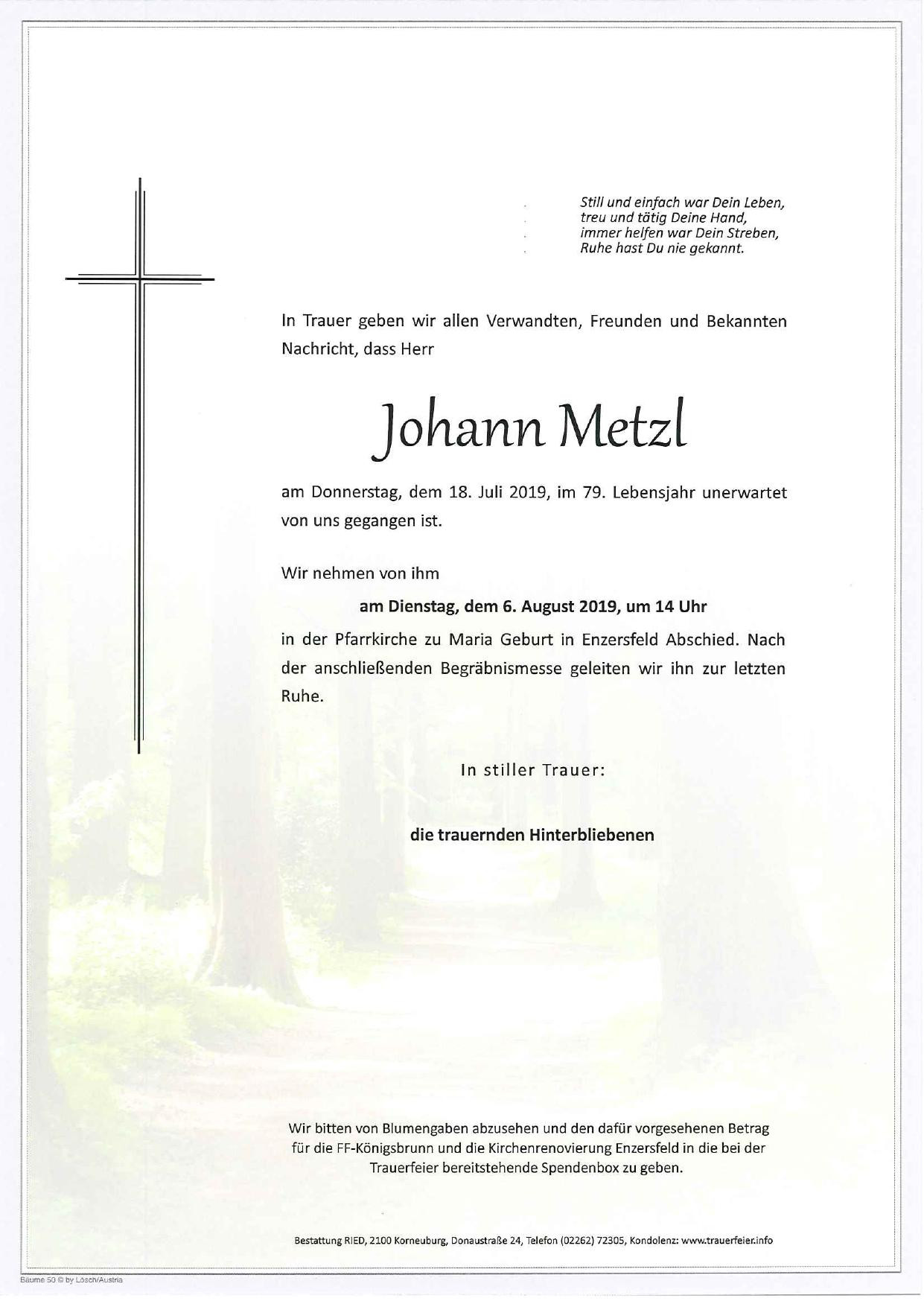Traueranzeige von Johann Metzl