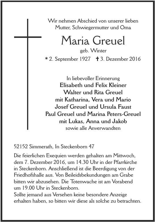 Traueranzeige von Maria Greuel