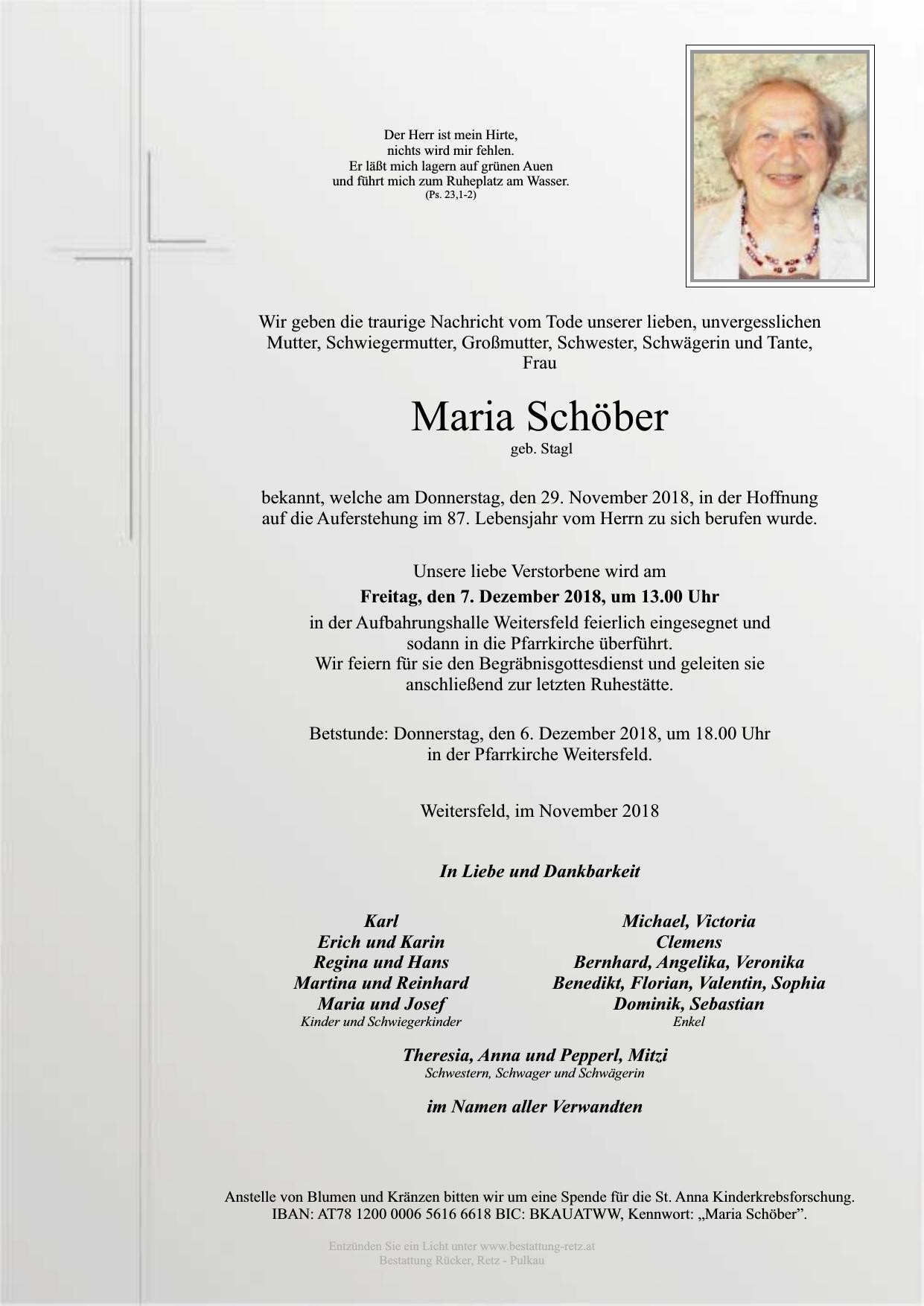 Traueranzeige von Maria Schöber