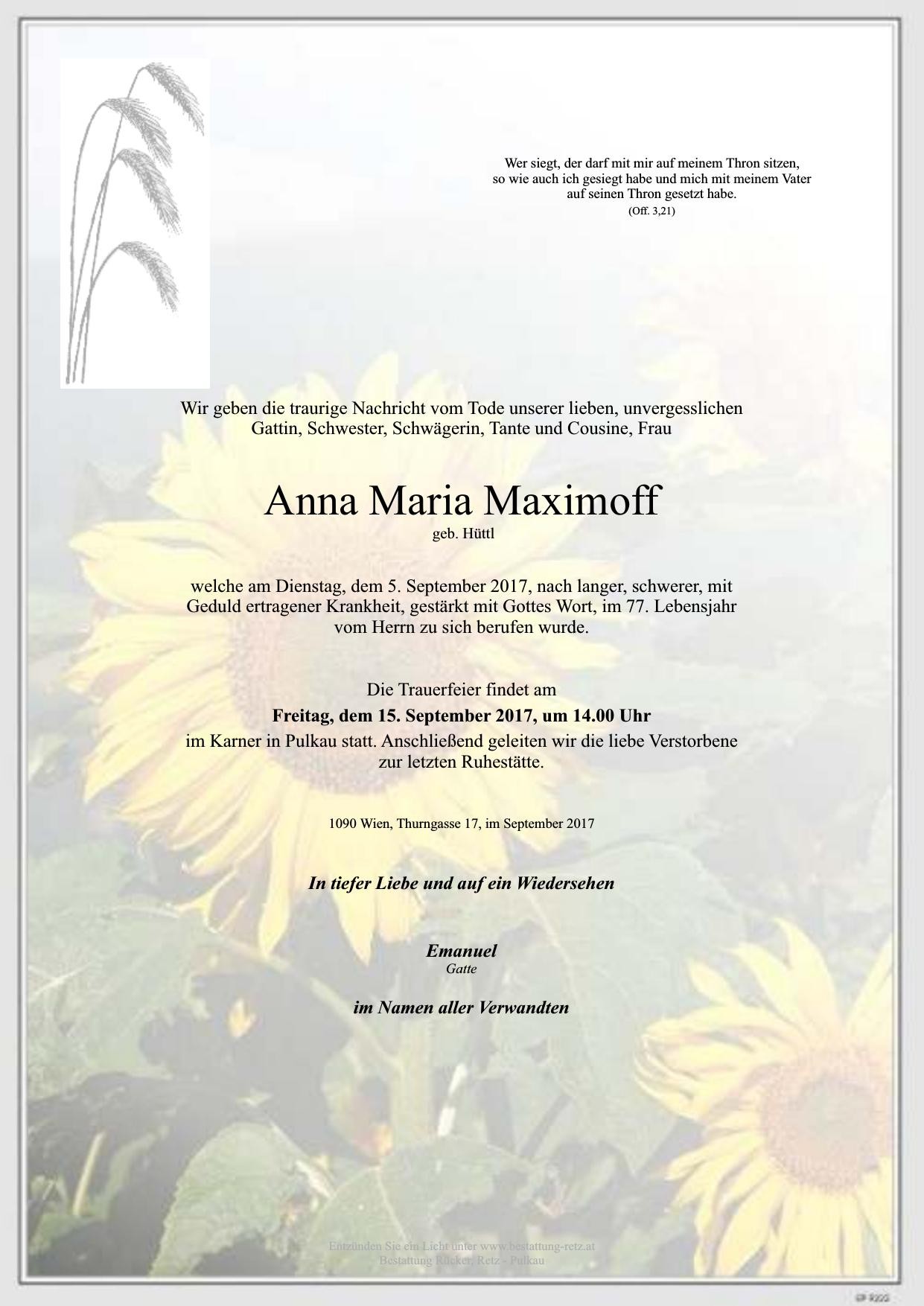 Traueranzeige von Anna Maria Maximoff