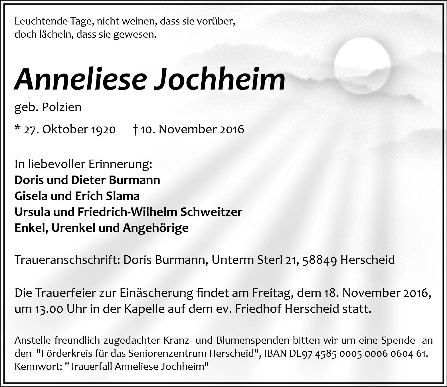 Traueranzeige von Anneliese Jochheim