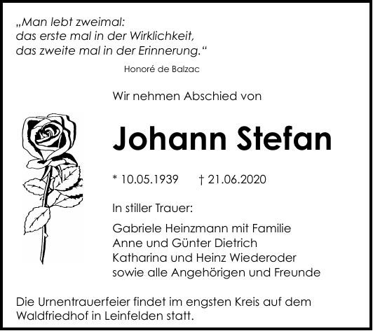 Traueranzeige von Johann Stefan