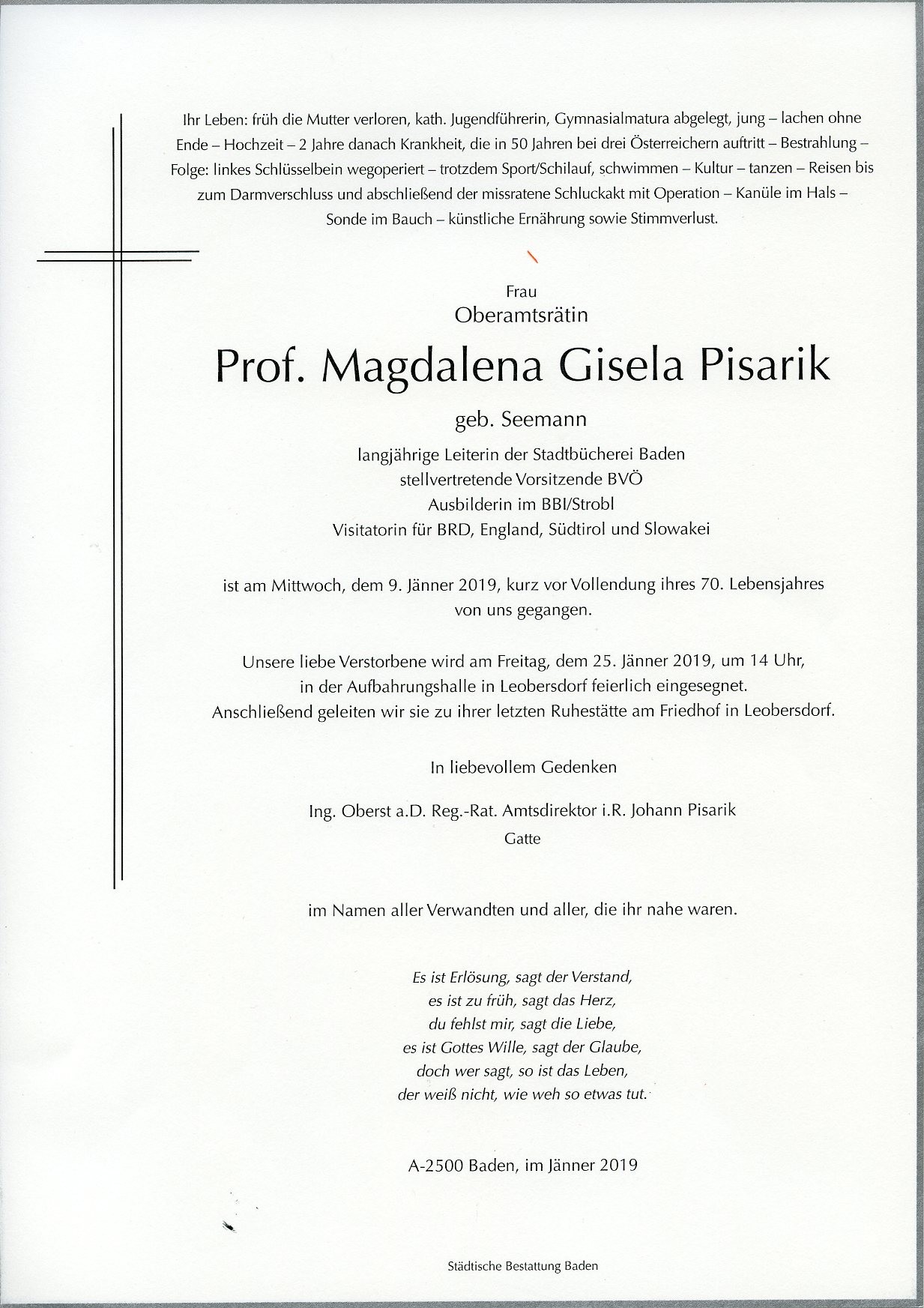 Traueranzeige von Prof. Magdalena Pisarik