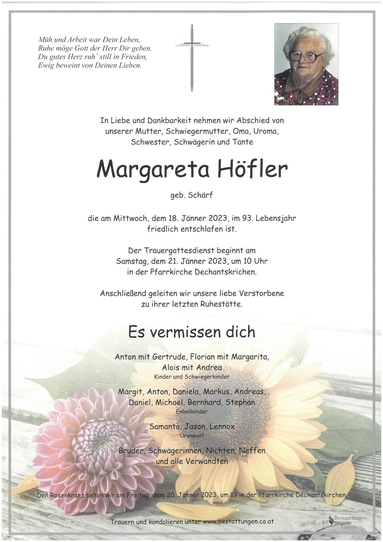 Traueranzeige von Margarta Höfler